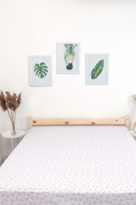 Простыня на резинке поплин Первые листочки белый