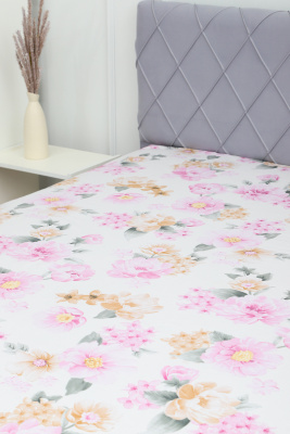 Простыня на резинке поплин Цветочный рай белый